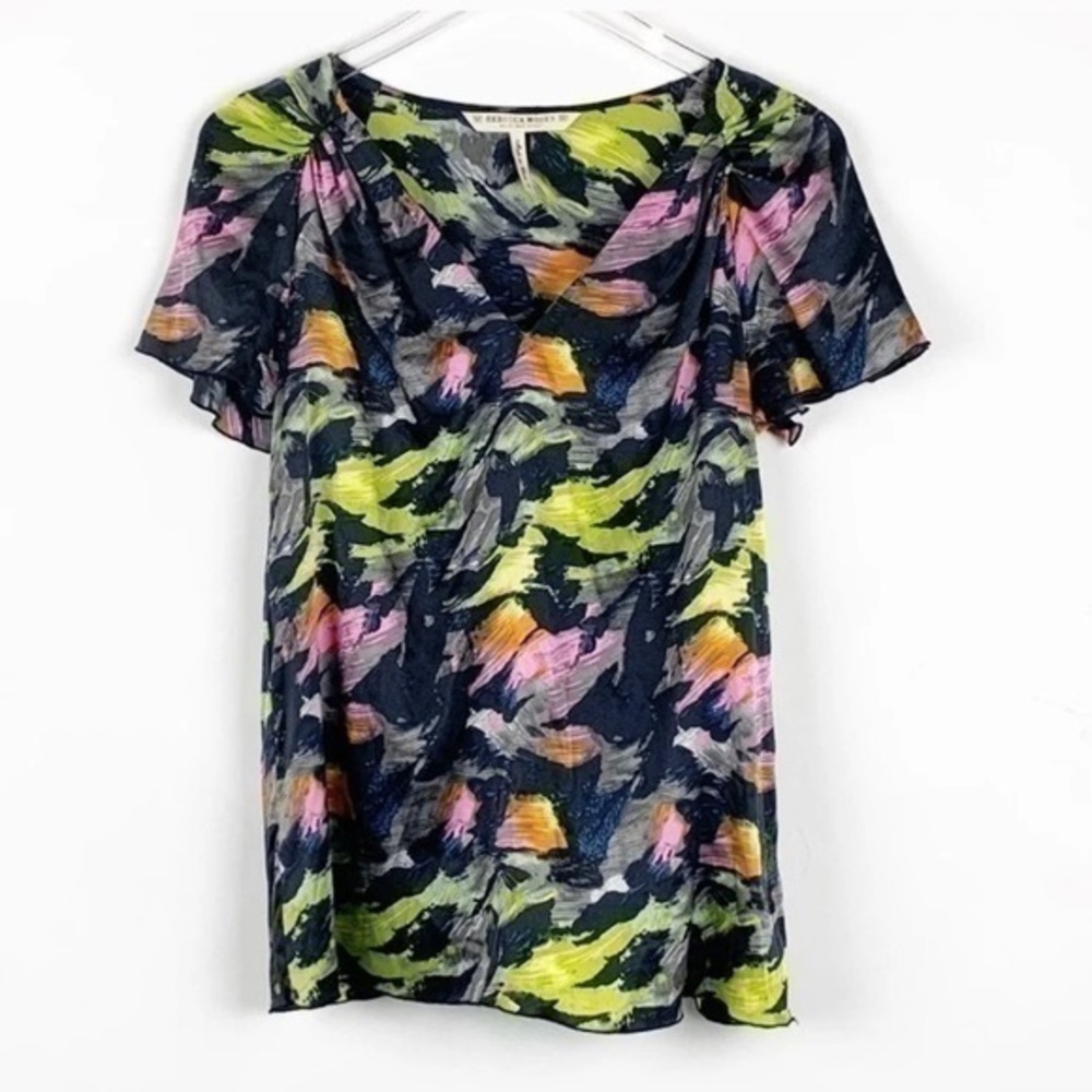 Rebecca Moses Blouse Floral Short Sleeve Size Small